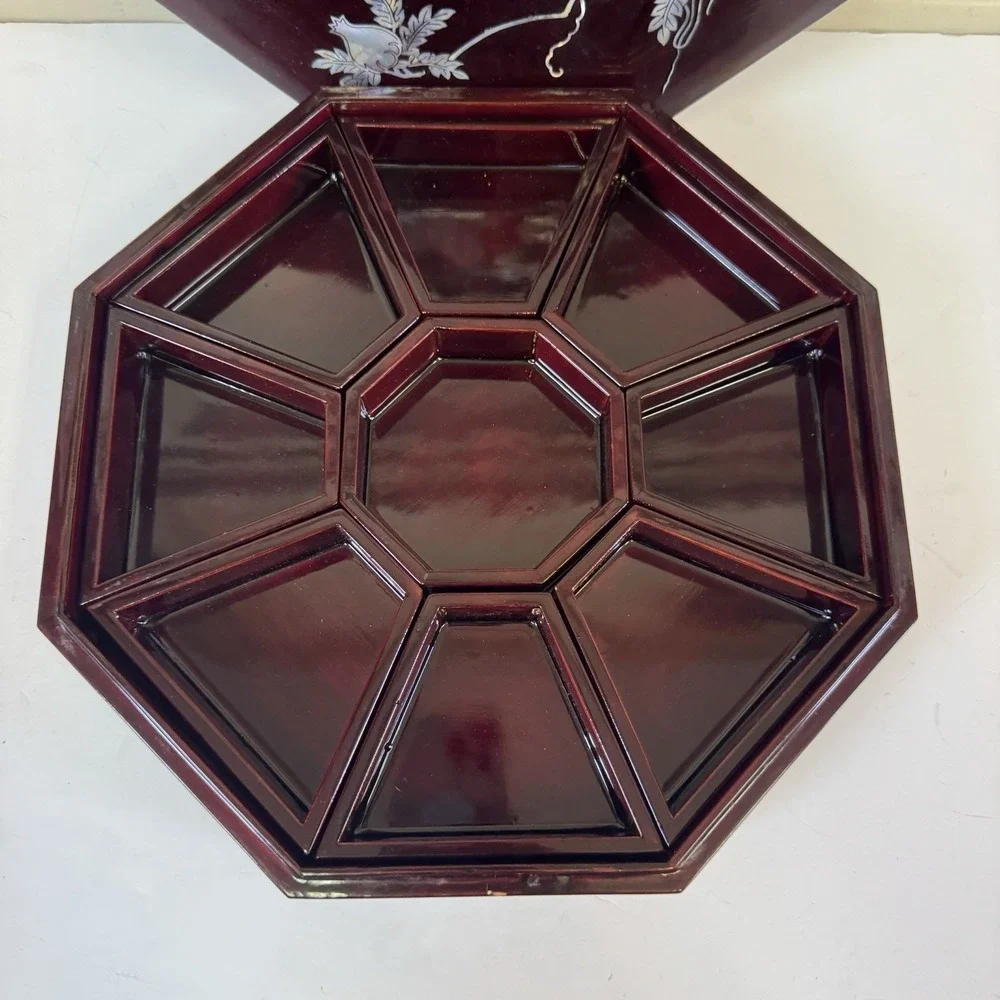Vintage Korean Octagonal Lacquer Box Mother of Pearl Inlay Birds Military Signed